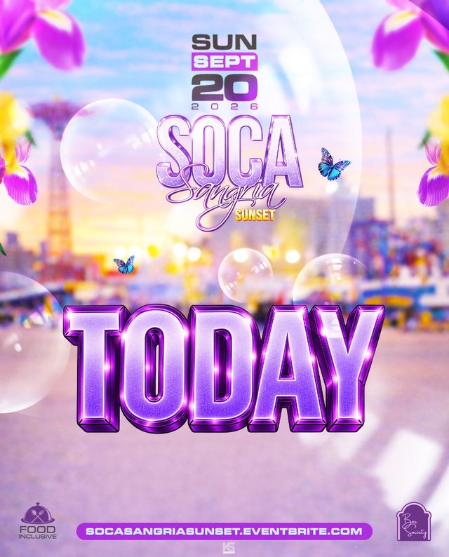 Soca Sangria Sunset, Sun, Sep 20, Bar Society Rooftop, Coney Island