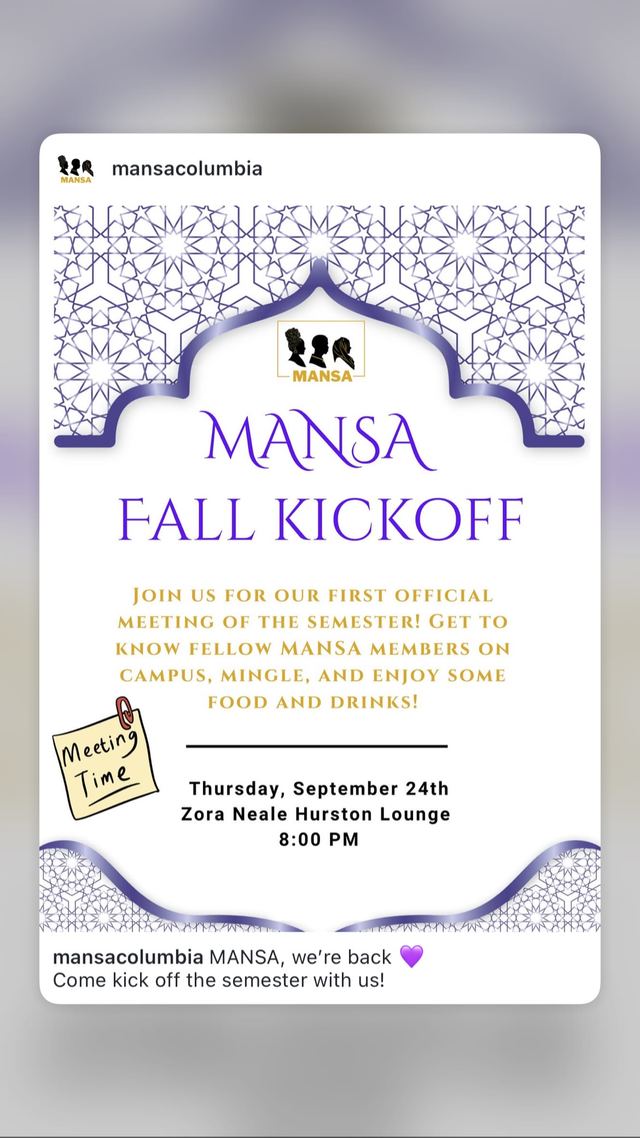 MANSA Fall Kickoff, Thu, Sep 24, Zora Neale Hurston Lounge