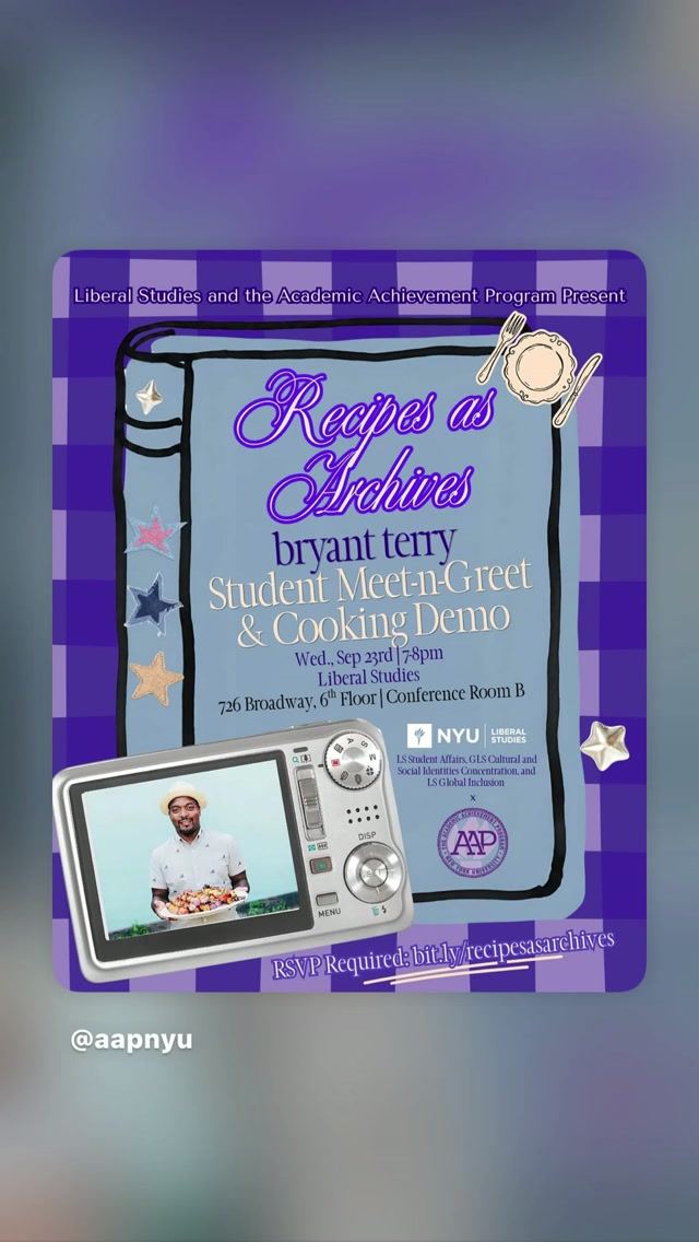 Recipes as Archives: Bryant Terry Student Meet-n-Greet & Cooking Demo, Wed, Sep 23, NYU Liberal Studies, 726 Broadway, 6th Floor, Conference Room B, Greenwich Village