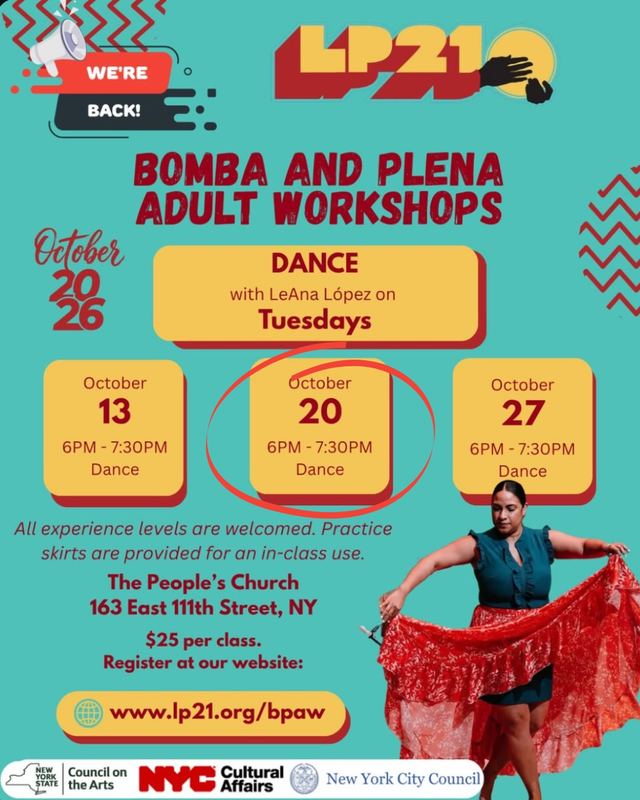 BOMBA AND PLENA ADULT WORKSHOPS, Tue, Oct 20, The People's Church, East Harlem