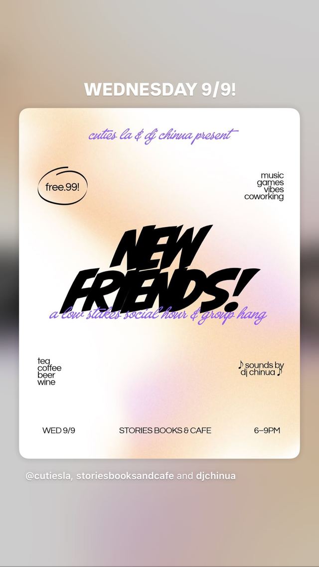 NEW FRIENDS! a low stakes social hour & group hang, Wed, Sep 9, Stories Books & Cafe