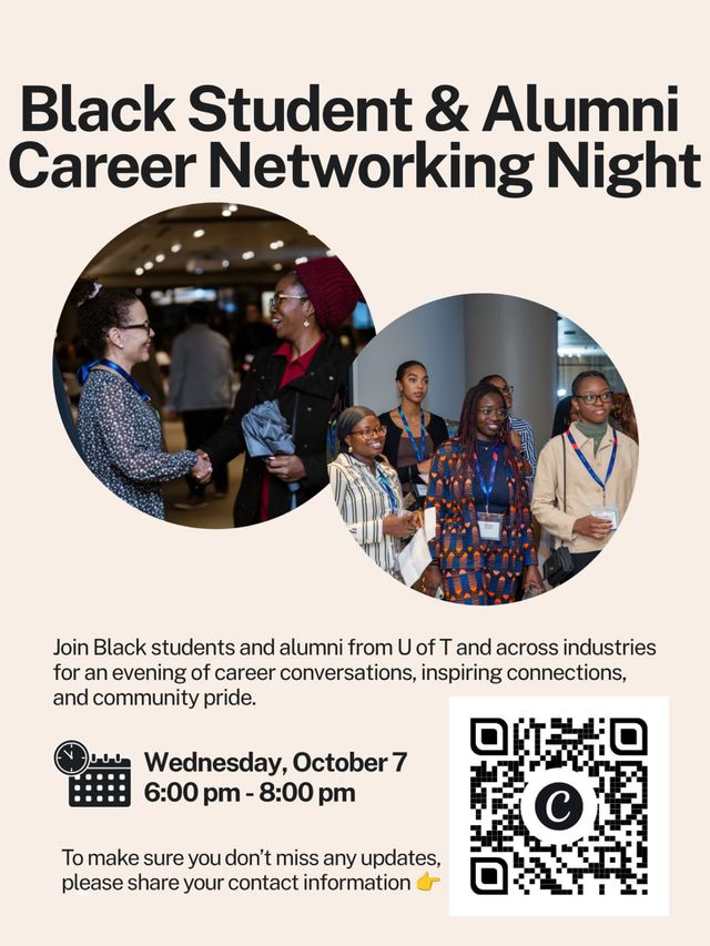 Black Student & Alumni Career Networking Night, Wed, Oct 7, University of Toronto, St. George Campus – Experiential Learning Center