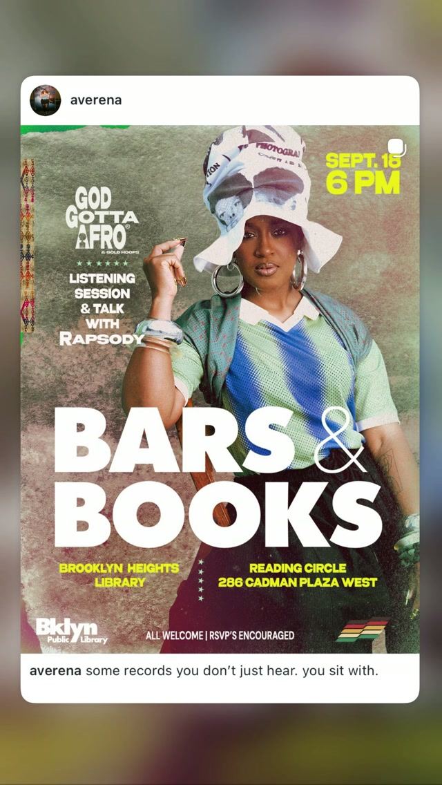 God Gotta Afro: Listening Session & Talk with Rapsody, Fri, Sep 18, Brooklyn Heights Library, Brooklyn Heights