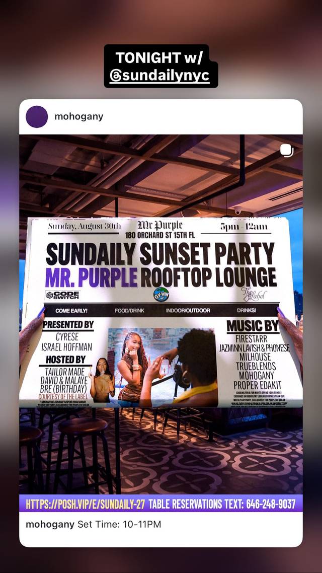 SUNDAILY SUNSET PARTY MR. PURPLE ROOFTOP LOUNGE, Sun, Aug 30, Mr. Purple, Lower East Side