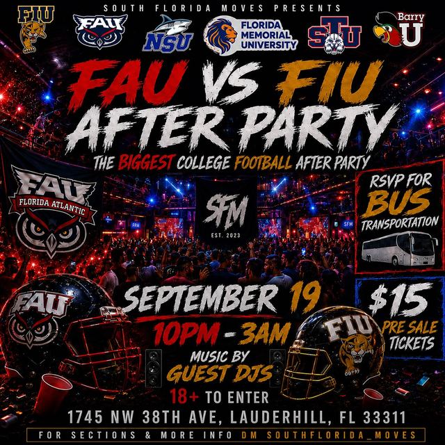 FAU VS FIU AFTER PARTY, Sat, Sep 19, 4 sisters palace banquet hall
