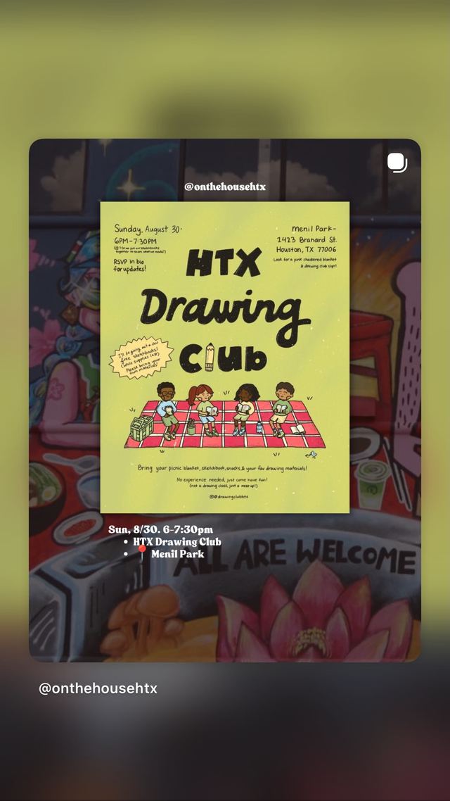 HTX Drawing Club, Sun, Aug 30, Menil Park, Montrose
