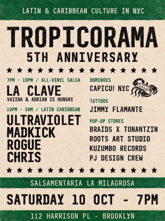 TROPICORAMA 5TH ANNIVERSARY, Sat, Oct 10, La Milagrosa, Bushwick