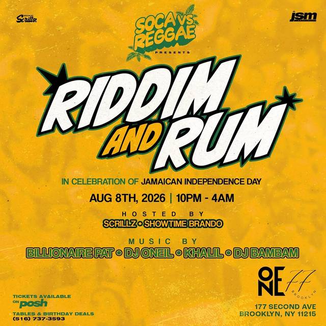 Riddim and Rum, Sat, Aug 8, ONE77, Gowanus