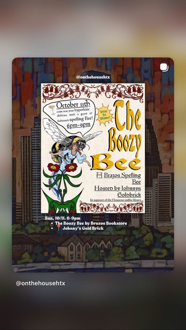 The Boozy Bee, Wed, Oct 14, Brazos Bookstore