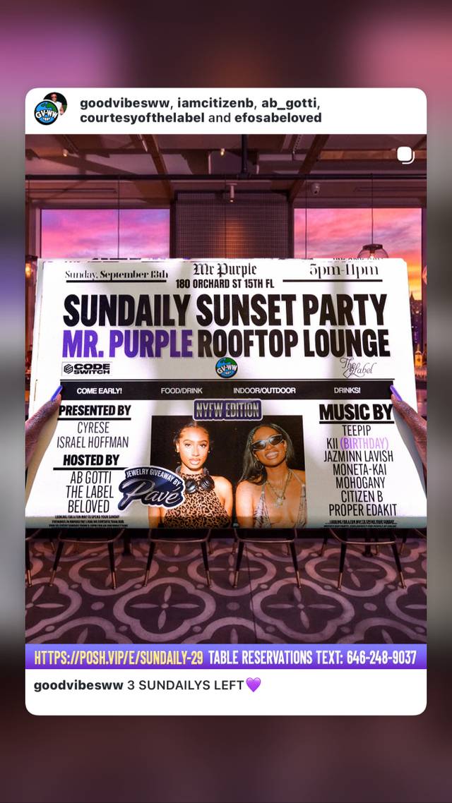 Sundaily Sunset Party, Tue, Sep 8, Mr. Purple, Lower East Side