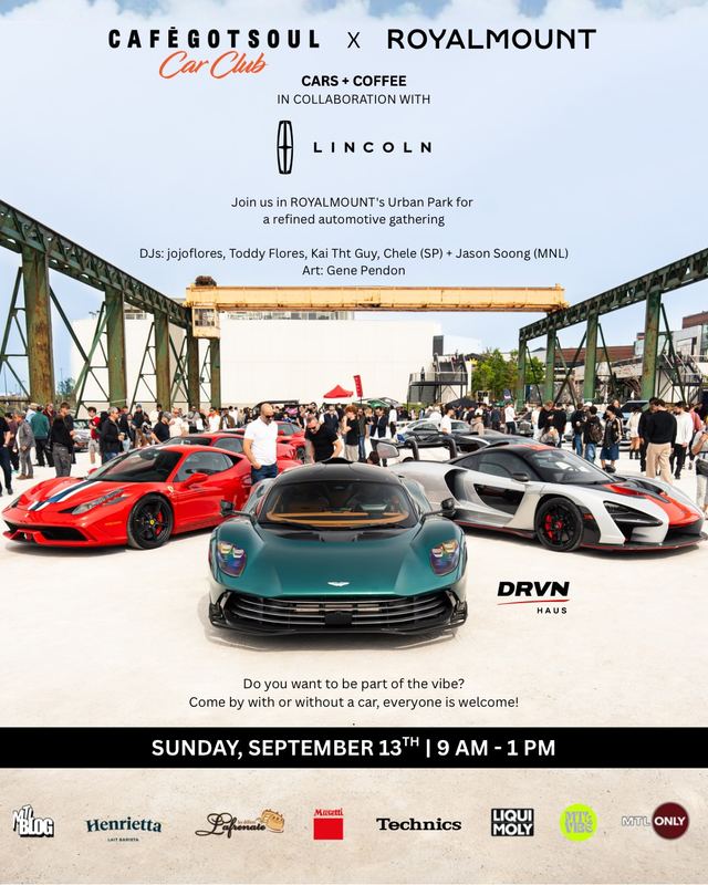 Café Got Soul x Royalmount Car Club: Cars + Coffee, Sun, Sep 13, Royalmount's Urban Park, Ville-Marie