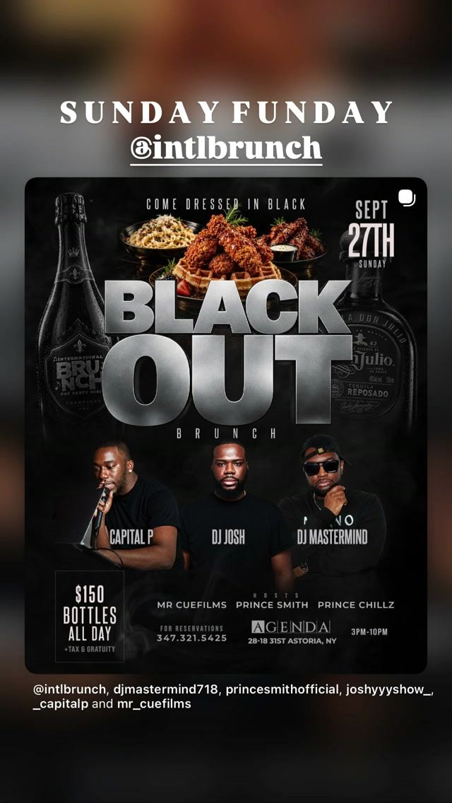 BLACK OUT BRUNCH, Sun, Sep 27, Agenda, Astoria