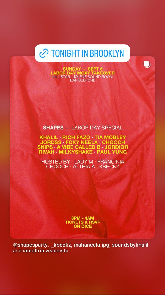 SHAPES — LABOR DAY SPECIAL, Sun, Sep 6, Lillistar, Bushwick