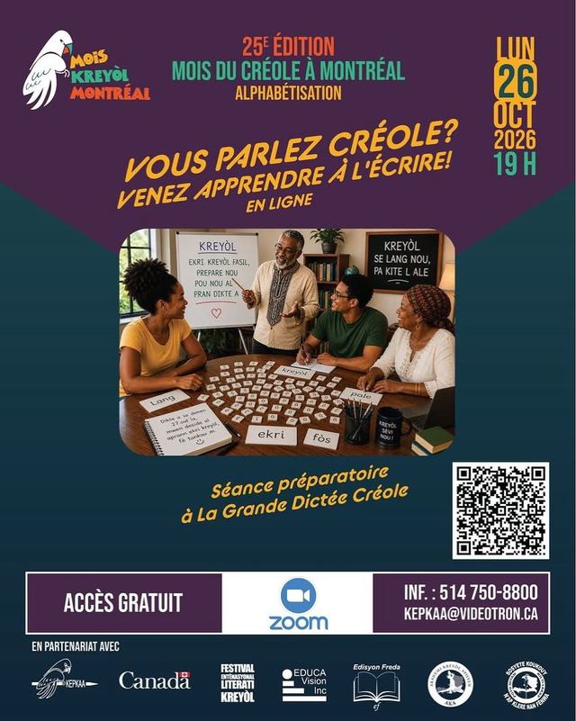 Vous parlez créole? Venez apprendre à l'écrire!, Mon, Oct 26, en ligne