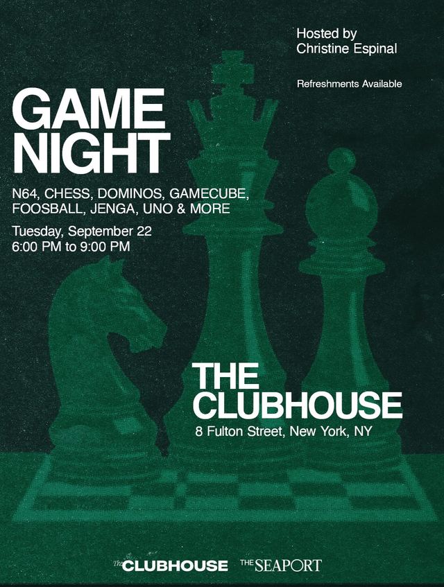 GAME NIGHT, Tue, Sep 22, The Clubhouse, Seaport