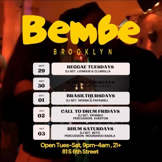 Afro Wednesdays, Wed, Sep 30, Bembe, Williamsburg