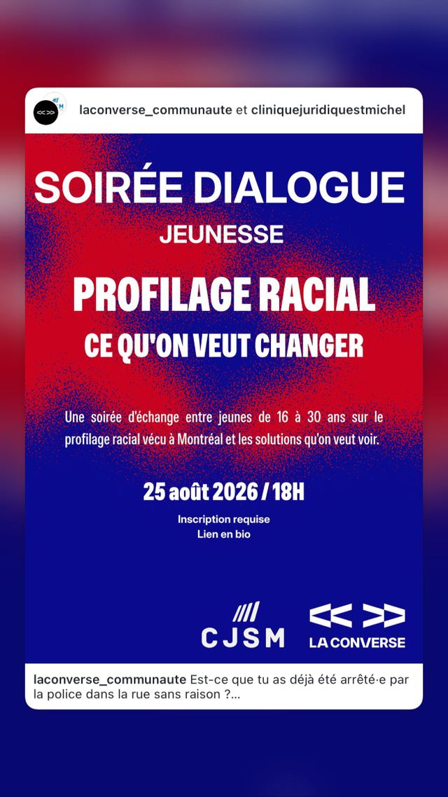 SOIRÉE DIALOGUE JEUNESSE PROFILAGE RACIAL CE QU'ON VEUT CHANGER, Tue, Aug 25