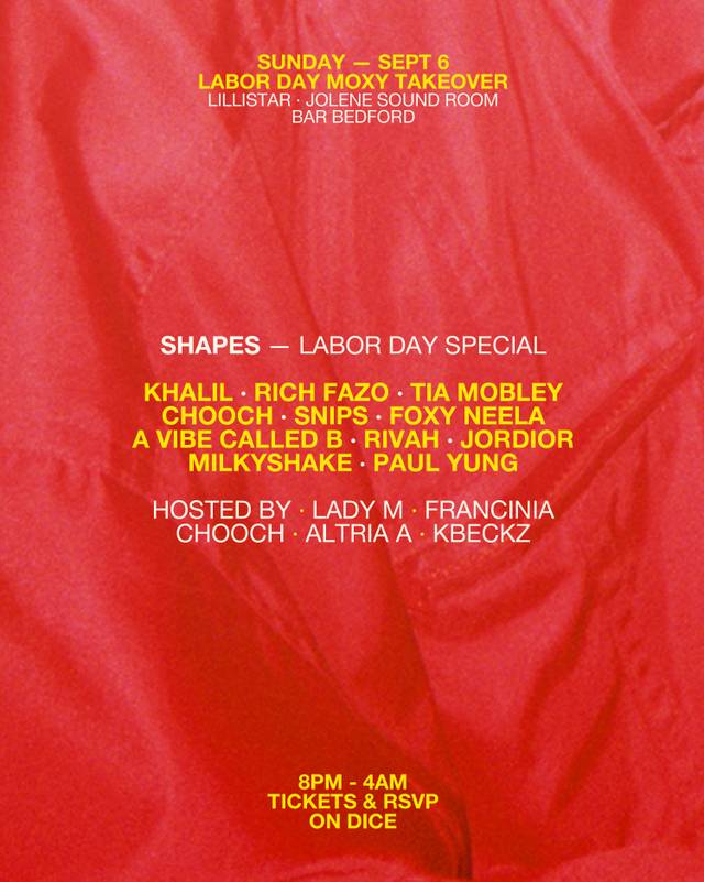 Labor Day Moxy Takeover: Shapes — Labor Day Special, Sun, Sep 6, Moxy Williamsburg, New York
