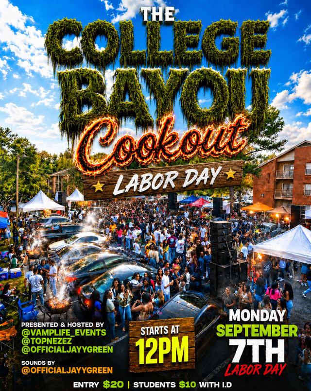THE COLLEGE BAYOU COOKOUT, Mon, Sep 7, The Lotus, Highlands/Perkins