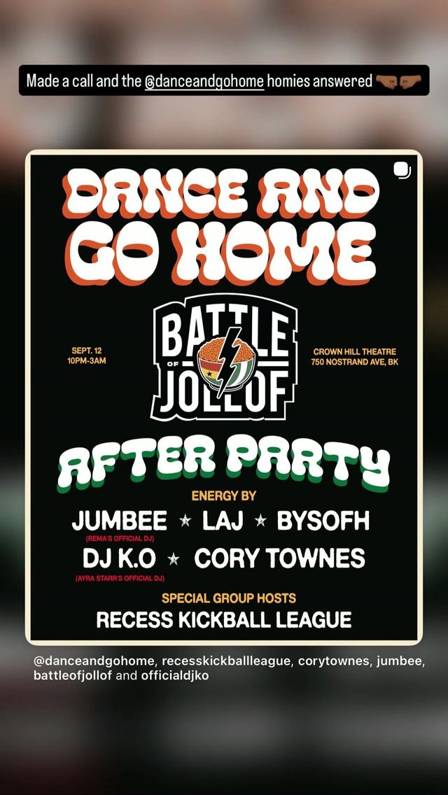 Dance and Go Home Battle of Jollof After Party, Sat, Sep 12, Crown Hill Theatre, Crown Heights