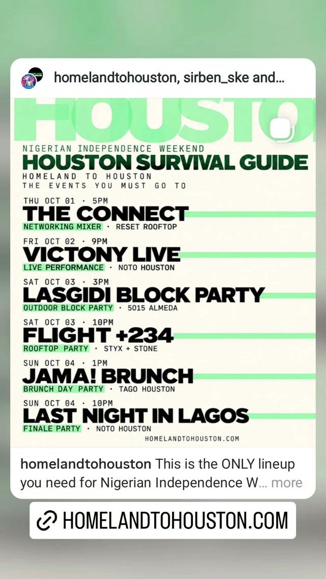 LAST NIGHT IN LAGOS, Sun, Oct 4, NOTO HOUSTON