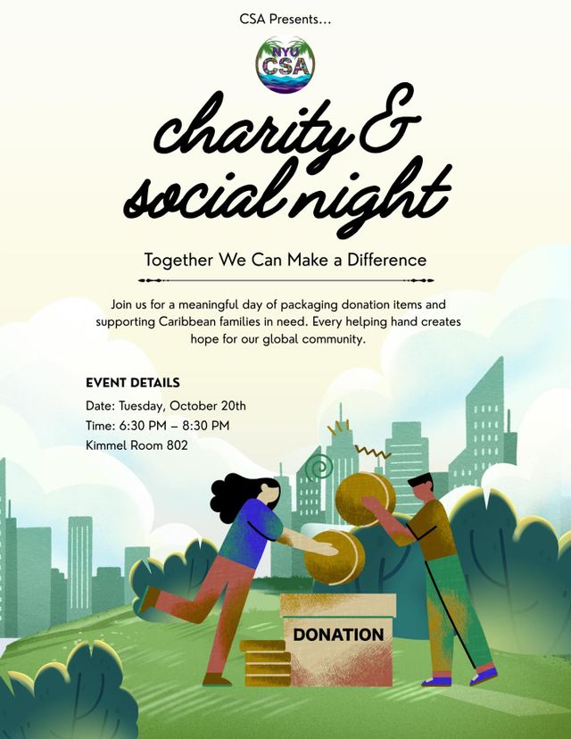 Charity & Social Night, Tue, Oct 20, Kimmel Room 802