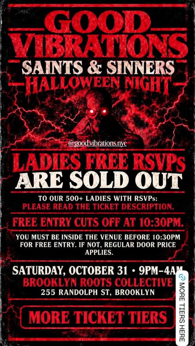 Good Vibrations: Saints and Sinners Halloween Costume Party, Sat, Oct 31, Brooklyn Roots, Bushwick