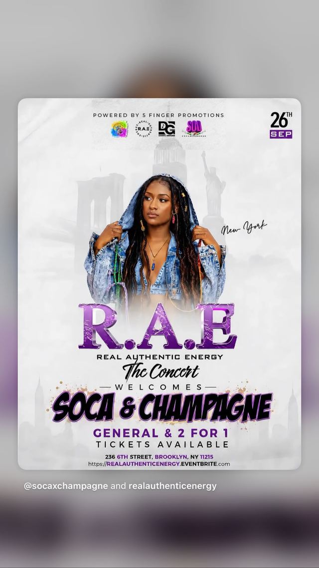 R.A.E The Concert Welcomes Soca & Champagne, Sat, Sep 26, ATOLYE NYC, Gowanus