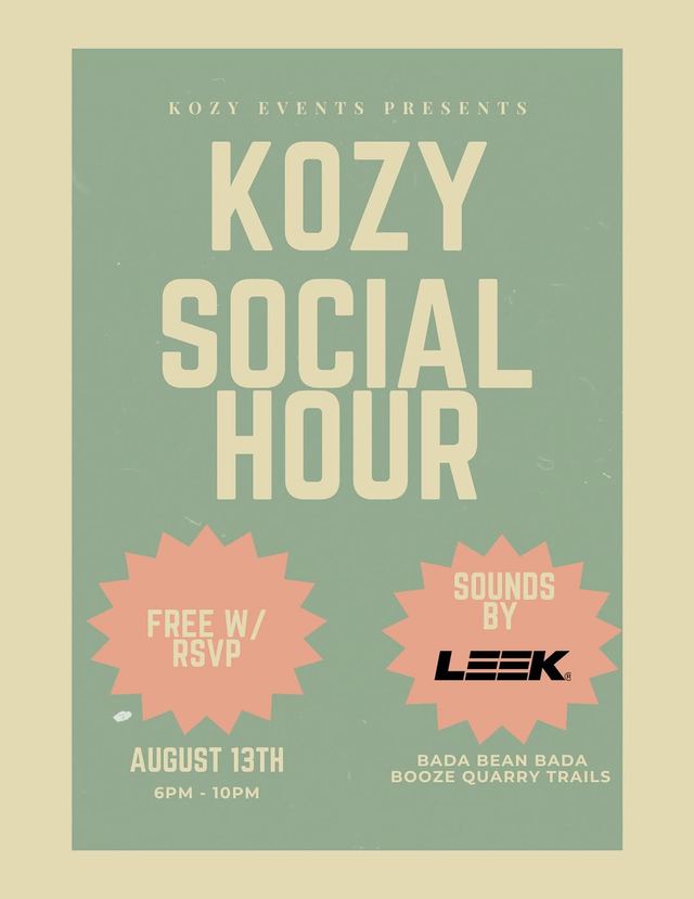 Kozy Social Hour, Thu, Aug 13, Bada Bean Bada Booze Quarry Trails