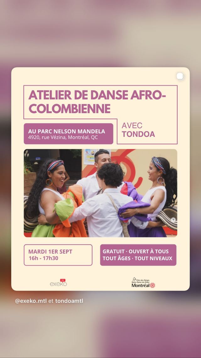 ATELIER DE DANSE AFRO-COLOMBIENNE, Tue, Sep 1, Parc Nelson Mandela, Côte-Des-Neiges—Notre-Dame-De-Grâce