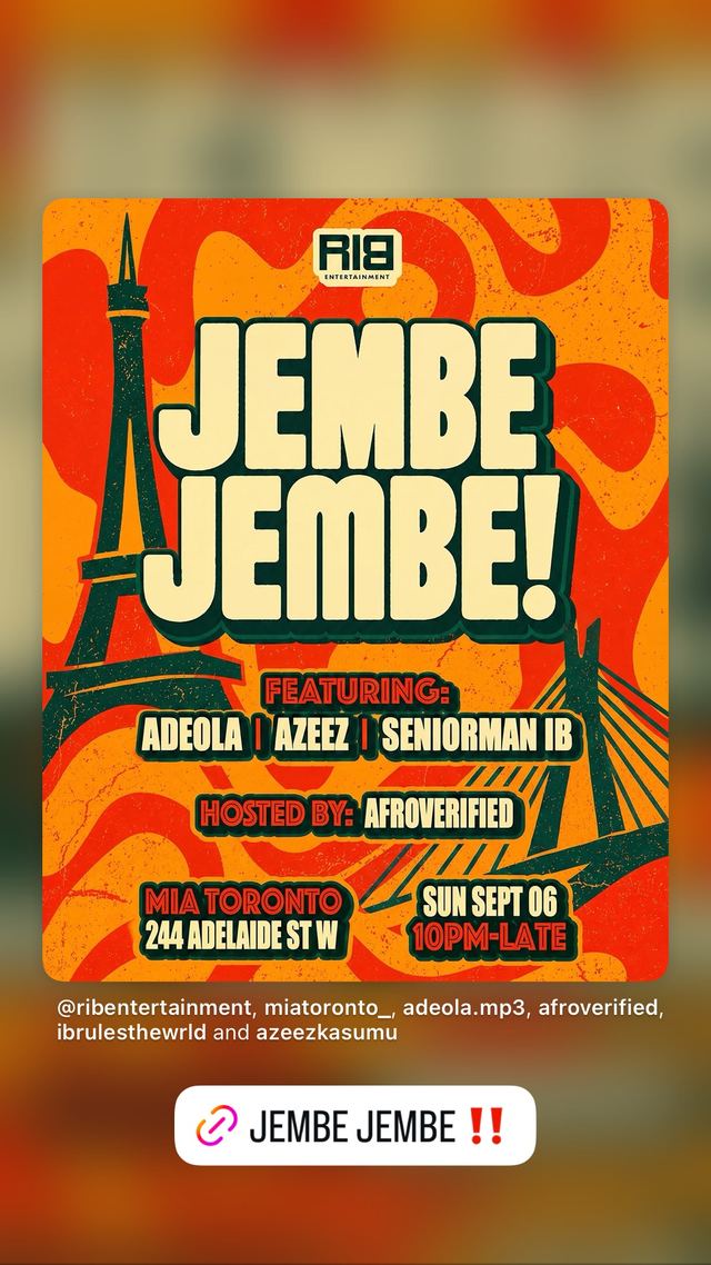 JEMBE JEMBE!, Sun, Sep 6, MIA TORONTO, Entertainment District