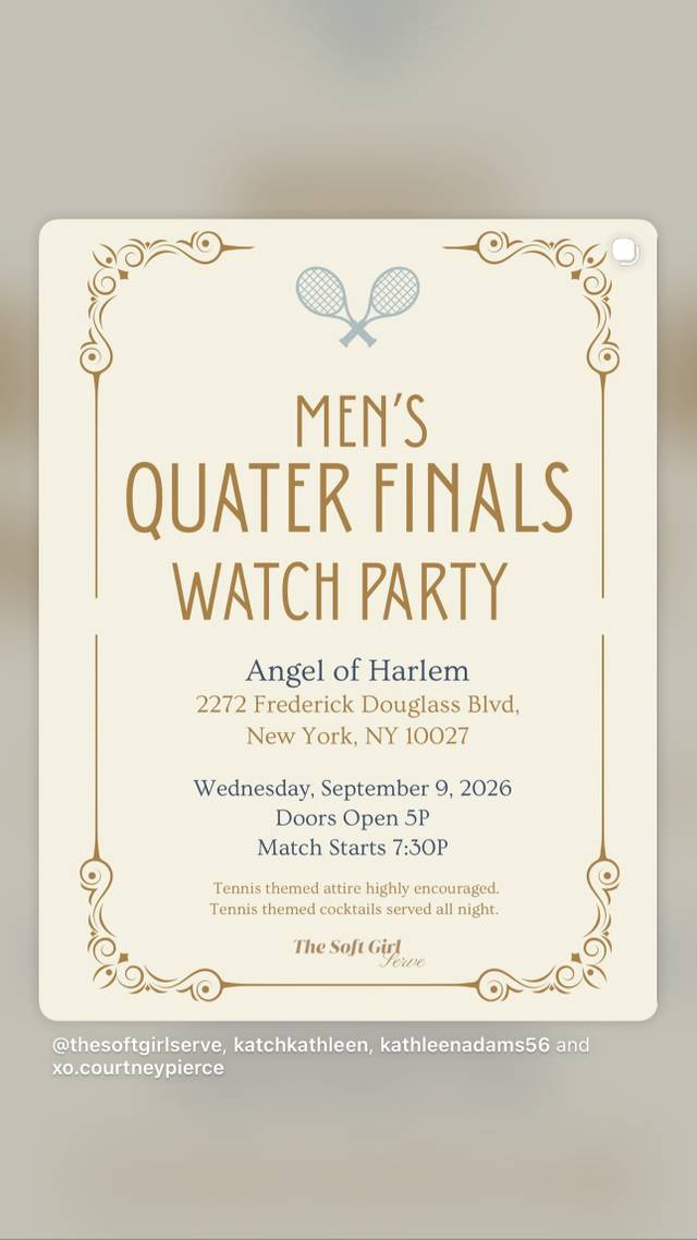 Men's Quater Finals Watch Party, Wed, Sep 9, Angel of Harlem, Harlem
