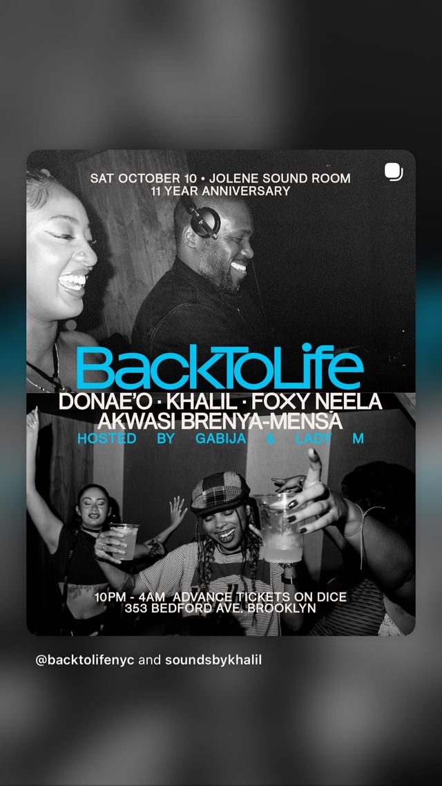 BackToLife, Sat, Oct 10, Jolene Sound Room, Williamsburg